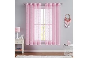 Beauoop Pink Pom Pom Sheer Curtains for Girls Kids Bedroom 54 inch Drop Dot Voile Sheer Curtains for Nursary Living Room Light Filtering Decorative Drapes Grommet Window Treatment Sets 2 Panels