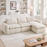 VILUXE 3 seater sofa with 1 beige chenille stool | Low Seat Modular Sofa, Chenille Foam 32D Living Room, Bedroom, Apartment,