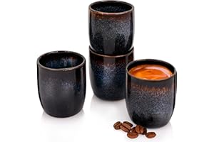 ‎SÄNGER Sänger | Espressobecher Tokio 4 tgl, Espresso Cups 4 Personen, Steingut Espressotassen Set Spülmaschinenfest, Mokkatassen Handmade Blau-Schwarz mit Braunen Akzenten 70 ml | PREMIUM COLLECTION