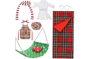 DIELOVEHUA 8 Pcs Accesorios Elfo Navidad,Accesorios de Elfos Navideños, Elfo Navidad Muñeco Accesorios, Incluye Saco de Dormir, Hamaca, Vasos, Albornoz, Delantal, Bufanda, Almohada, Gorro de Chef