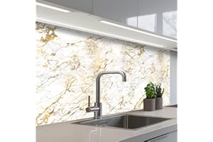 KitchenYeah© Antisalpicaduras Cocina 60x100 cm Adhesivo Salpicadero Protector Salpicaduras Kitchen Salpicaduras Doradas - Blanco - Mármol