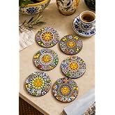 Sunshine Sicilya Temalı Bardak Altlığı 6'lı Set &ndash; G&uuml;neş Fig&uuml;rl&uuml; Limon Desenli, Yuvarlak, 9 cm, 3 mm MDF, UV Baskı Dekoratif B