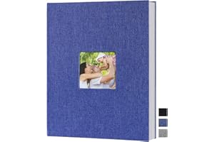 Benjia Álbum de fotos A4, formato vertical, 50 páginas, funda de lino, para insertar, para 50 fotos A4, color azul
