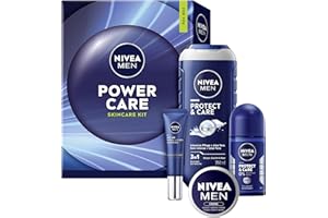 ‎NIVEA MEN NIVEA MEN Power Care Geschenkset, Geschenk für Männer, Geschenkbox mit Duschgel (250 ml), Deo Roll-on (50 ml), Gesichtspflege (30 ml) und Augenpflege (15 ml)