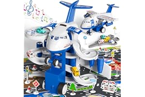 CI VETCH Airplane Toys with Toy Car Track Set, Airplane Toys for 2+ Year Old, Garage Parking Lot Playset with 14 Road Signs 4 Inertial Cars 1 Map, Toddler Boy Toy Birthday Gift for 2 3 4 5 6 Years Old