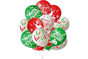 FEPITO 50Pcs Christmas Party Balloon 12 Inch White, Red, Green Latex Balloons, 6 Merry Xmas Style for Christmas Decoration Party Supplies