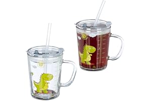 relaxdays Tasse enfant, lot de 2, motif dinosaure, verre avec poignée, couvercle et paille, échelle 400 ml, transparent
