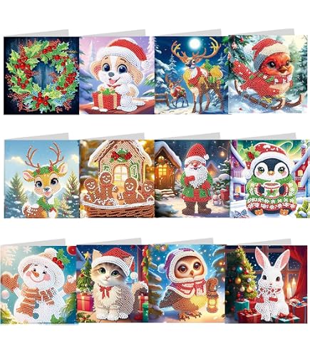 8 PCS 5D Diamond Painting Biglietti Natalizi, 5D Pittura Diamante Cartolina, Biglietti di Natale Pittura a Diamante, Diamant Penting con Renna