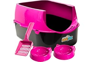 JEL PLAST Cat Litter Tray with High Sides - Ergonomic, Spacious, Durable Litter Box with Rounded Design, Open Top, Easy to Cleaning - Complete Kit with Scoop and Feeder Bowls - Pink