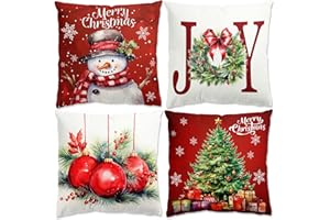 FAIRYMAIDEN Rouge Housse Coussin Noel - 4pcs Decoration Noel Interieur Maison Housse Coussin Noel 45x45, Taies D'oreiller de Noël en Lin pour Chambre, Canapé, Christmas Decoration, Décoration Noel Intérieur