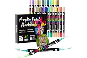 Sonlaryin Feutre Acrylique 48 Couleurs 24 Pièces, Marqueur Peinture Acrylique Double Pointe, Marqueur Acrylique pour peinture rupestre, bricolage, céramique, verre, toile, bois, Textile