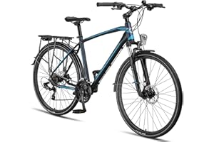 Licorne Bike Vélo de trekking 28 pouces, avec frein à disque en aluminium, 21 vitesses - VTT - Vélo cross(pour homme, bleu marine)