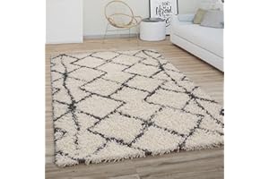 Paco Home Alfombra Salón Pelo Largo Shaggy Motivo Moderno Boho Escandinavo Rombos, tamaño:200 cm Cuadrado, Color:Crema Antracita 2