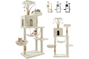 JUPPLIES Árbol Rascador para Gatos 143 cm – Torre de Juegos y Descanso con 5 Plataformas, 3 Nidos, 1 Cueva y Hamaca – Poste de Sisal y Base Estable 60×40 cm – Ideal para Hogares (Beige)
