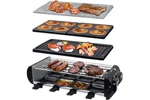 ‎SYNTROX GERMANY Syntrox Raclette Grill 8 Personen Liestal 1200W, 4-in-1 mit 4 Wechselplatten: Heißer Stein + Grillplatte + Pancake, 8 Pfännchen Antihaftbeschichtung, Stufenlose Temperaturregelung, Tischgrill