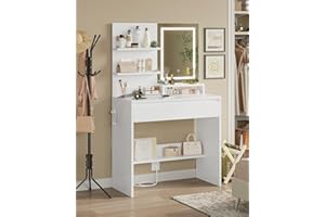 KIMENICH Postazione Trucco con Illuminazione a LED, 3 colori, Toeletta da Trucco con Specchio, Grande Cassetto con Divisorio Regolabile, Tavolo Cosmetico con Ripiani Regolabili, Moderno, Bianco