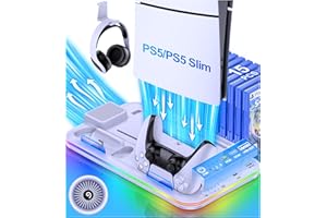 HEYLICOOL PS5 Slim Stand Cooling Station for PlayStation 5 Slim/Disc/Digital with RGB Light,PS5 Accessories Dual Controller Charger Station with 3 Level Cooling Fan, Headset Holder,15 Game Slots