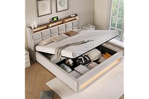‎FEZTOY Polsterbett 180x200, LED Doppelbett mit Stauraum und Lattenrost, Kopfteil mit Staufach und USB-Ladefunktion, Hydraulisch Stauraumbett Rückenlehne Bettgestell, ohne Matratze (Hellbeige, 180x200)