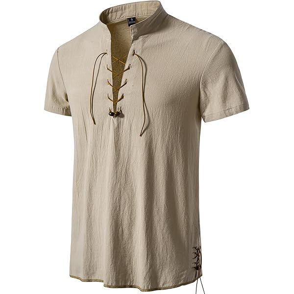 Chemise Homme Manches Longues En Coton/lin Vintage - Style Médiéval/viking/pirate Avec Lacets, Col Boutonné