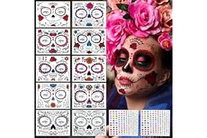 BOYATONG Tatuaż na twarz na Halloween, Dzień Zmarłych, tatuaże z trupią czaszką, dla dzieci i dorosłych, dla mężczyzn i kobiet, kostium Dia De Los Muertos, naklejki na Halloween, maskaradę, imprezę