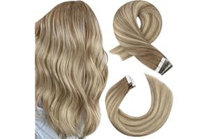 Moresoo Tape in Hair Extensions Human Hair Balayage Blonde Tape in Extensions Light Brown with Blonde Human Hair Extensions Tape in 22 Inch 20Pcs/50g #8/22/8