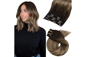 Moresoo Extensiones de Clip de Pelo Natural Remy Extensiones Pelo Natural Clip Balayage Marrón a Marrón Dorado con Rubio Ceniza Oscuro Extensiones de Pelo Humano 35 cm 5pcs 70g #4/10/16