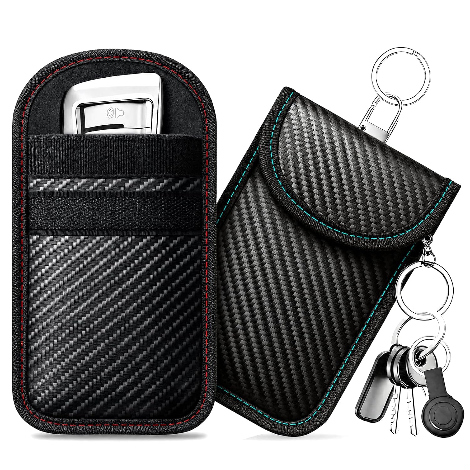 caslord Faraday-etui voor autosleutels, 2 stuks antidiefstal RFID-sleutelhangers beschermhoes met 4 sleutelhangers voor autobeveiliging, sleutelloze toegangscase voor autosleutels, S-Rood+Blauw