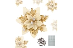 TIDEVAN 25 Piezas Artificial de Navidad - Flores de Pascua con Clips, Brillantes de Decoraciones - Adornos de Año Nuevo y Boda con Árbol (Oro)