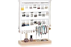 QILICZ Présentoir à bijoux - 80 trous - Support pour boucles d'oreilles - 7 animaux - Métal - Avec rangement en bois - 37 x 31 cm - Blanc …