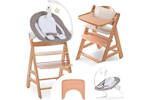 Hauck - Chaise Haute Bebe Bois Alpha Move Newborn Set Deluxe - dès Naissance avec Transat Inclinable, Réducteur, Coussin Chaise Haute, Tablette Repas - Natur Sable