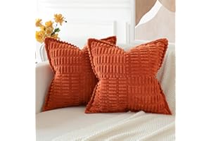 JOTOM Set of 2 Corduroy Soft Cushion Covers with Splicing 45x45 cm Striped Decorative Throw Pillow Covers Square Cushion Case Home Boho Decor Pillow Cases for Couch Sofa Bed 18x18 Inch (Rust)