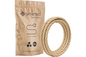 smartect Cable Textil Trenzado en Color Marrón Claro, Cable Electrico 3 Hilos de 10 Metros (3 x 0,75 mm²) Cuerda para Lampara con Revestimiento Textil para su Proyecto DIY