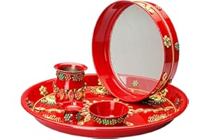 ‎ADITRI CREATION Pooja Thali with Kalash Plate Platter Decorative Puja Thali with Essential Pooja Articles for Aarti Pooja Rituals Festival Wedding Decorations (Thali Size- 10"/Channi Size-7")