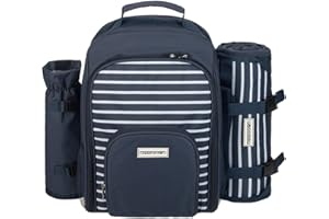 ‎ANNDORA anndora Picknickrucksack 15 TLG. Zubehör + Picknickdecke blau-weiß gestreift
