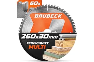 BAUBECK Lame de scie 260x30 Z60 2,15 mm coupe dans le bois & l’aluminium compatible avec Festool Kapex KS 120, Makita LS1018LN, LF1000, LS1019L, lame circulaire 260, lame scie à onglet 260