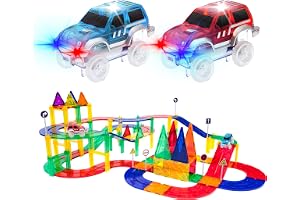 PicassoTiles 80 delar Stam Magnetisk Racingbana med LED-bilar | 16 kolumner, 4 ramper, skapar 3D-nivåer i flera lager, BPA-fria och giftiga material, inspirerar kul, lärande och kreativitet