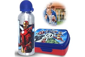 SRV Hub® Boîte à déjeuner en plastique + bouteille d’eau en aluminium pour enfants - Motif de personnage de dessin animé - 16 cm ; 400 ml (Avengers)