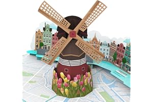 MOKIO® Biglietto Auguri Pop-Up – Mulino a Vento, Tulipani e Canali a Amsterdam – Biglietto di compleanno 3D per una vacanza in Olanda