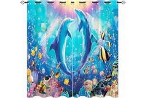 ‎YUANZU YUANZU Ozean Vorhänge Fische Koralle Delphin Unterwasser Ösen Gardinen mit Blickdichte Vorhang Kälteschutz Blackout Curtain Kinderzimmer Schlafzimmer Verdunkelung Fenster, 2 Stück, H 160 x B 106 cm