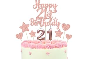 Gyufise 15Pcs Happy 21st Birthday Cake Topper Set with Heart Star Glitter Cheers to 21 Years Cake Picks Number 21 Candles Cake Decorations for Happy 21st Birthday Anniversary Party Supplies Rose Gold
