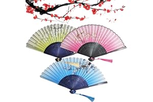 VIEXPAND Handheld Faltfächer, 3 Stück Faltbare Handfächer, Chinesischen Stil Hand Fächer Mit Quasten, Bambus Handheld Faltfächer Chinesische Folding Fans, Wanddekoration und Geschenke(Rosa, Gelb, Blau)