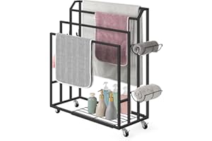 smusei Porte-serviettes autoportant, à 4 niveaux, avec roues, étagères et 6 crochets en métal, pour salle de bain, piscine, noir