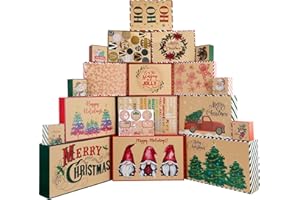 POPGIFTU Boîte Cadeau de Noël Avec Couvercles- Lot de 18 Boite Noel pour Emballage Cadeaux Decoration Boite Cadeau, Boîtes d'emballage Marron Kraft, Boîtes Cadeaux de Noel pour Vêtements(18 Styles 4 tailles)