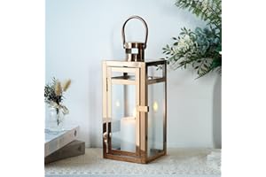 TRIROCKS Lanterna Decorativa in Acciaio Inossidabile 30 cm Alta, Portacandela in Metallo con Pannelli di Vetro Trasparente, Perfetta per Decorazioni Casa, Soggiorno, Eventi (Rame)
