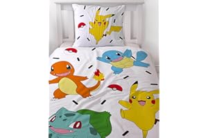 ‎CHARACTER WORLD Bettwäsche 135x200 Flanell, Biber, Pokemon Pikachu, kuschelig weich für Winter, 1x Kissenbezug 80x80 + Bettbezug 135x200, 100% Baumwolle, Kinderbettwäsche Gaming