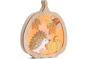 Valery Madelyn Light Up Autumn Decorations, LED Table Ornaments with Hedgehog, Pumpkin and Strobile, Wooden Autumn Lights for Harvest Halloween Fall Home Decor,15.4x12.5cm