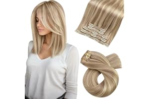 Moresoo Extensiones de Clip de Pelo Natural Rubio Extensiones de Clip Pelo Mechas Rubio Ceniza Oscuro con Rubio Dorado Extensiones de Pelo 35 cm 5pcs 70g #P16/22