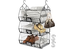 DECOHOME Rangement suspendu avec 3 étagères en métal pour armoire, placard, organiseur de placard, étagères de rangement avec 4 crochets en S, à suspendre/au sol/montage mural 3 en 1 pour la maison,