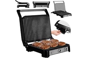 ZEEGMA GRILL CHEF BASE CONTROL Parrilla Eléctrica de Contacto 2 en 1 Sandwichera para Panini, Tostadas, Filetes, 2000W, Revestimiento Antiadherente Temporizador Ajuste de Temperatura y Ángulo