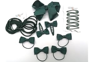 LA PETITE PRINCESSE 35 Pieces Hair Accessory School Ribbon Style Bow Bobbles Hair Clips Bows and Elastics Bands (Bottle Green)
